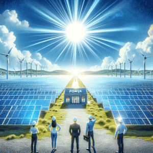 Visualize a bright, sunny scene showcasing the Power Solar Company. This scene includes vast fields of modern, sleek solar panels aimed towards a radiant, intensely shining sun in a clear, blue sky. The foreground shows a few people of varying genders and descents – a Caucasian woman, a Hispanic man, and a Middle-Eastern man, all wearing safety helmets and inspecting the panels. Off to one side, there is a small, energy-efficient office building bearing the company's logo. The atmosphere is hopeful, representing the concept of affordable, clean, and renewable energy.