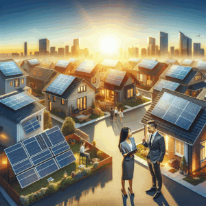 An image showcasing a variety of solar panels set up on residential rooftops, basking in the bright sun. The houses around are of different architectural styles, indicating it's a diverse neighbourhood. In the foreground, an Asian woman and a Caucasian man, both in professional attire, are involved in a conversation, possibly about the cost-efficient solar power solutions that are available. In the distant horizon, a city skyline is visible, bathed in the warm glow of sunset. Combining elements of modern technology, responsible living and cost-saving opportunities, this image emulates the concept of affordable and stunning solar system solutions.
