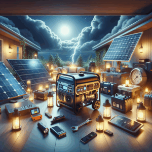 Imagine a scene showcasing various essential emergency power solutions for a home. In the center, visualize a top-of-the-line, well-engineered gasoline generator which is the hallmark of reliability. To its left, a solar power setup with photovoltaic panels glaring brightly under the sun's gleaming rays, storing energy in a battery bank. To its right, envision a portable power station with a large battery capacity, all set and ready to use. Scattered around, there are flashlights, power banks, and emergency radios. An ambiance of preparedness and prudence fills the house sheltered in the twilight hours.