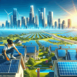 Visualize a vibrant cityscape under a clear blue sky. Skyscrapers are fitted with solar panels on their rooftops, converting abundant sunlight into sustainable energy. Off in the distance, a solar farm can be seen, spread across a grassy terrain. In the foreground, a solar panel installer, a Hispanic woman, works diligently on a residential rooftop, adjusting a solar panel, a testament to the industry's affordability and accessibility.