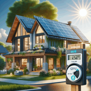 Imagine a beautiful suburban home covered by greenery, having rooftop solar panels absorbing the sunlight. This modern two-storied house has large windows allowing daylight inside and the roof is covered with shiny black solar panels. An electricity meter shows low consumption, indicating energy efficiency. In the background, the blue sky with a radiant sun symbolizes the source of this sustainable and affordable energy. A wooden signpost in the front yard boldly reads 'Solar-Powered House: Affordable Must-Have Energy Solution'. The scene is a representation of an eco-friendly lifestyle.