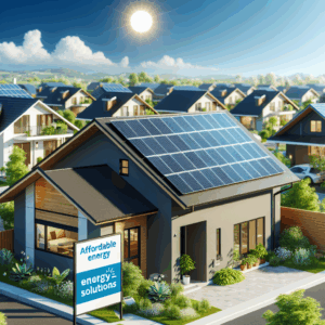 A residential home under a clear blue sky. The roof of the house is covered with sleek, modern solar panels. A bright sun is directly above it, symbolizing renewable energy. Lush green vegetation is growing around the house, adding to the aura of environment-friendliness. In the foreground, a signboard displays the text 'Affordable Energy Solutions'. In the background a community of homes in diverse architectural styles, each having solar panels on their rooftops, giving a sense of a sustainable neighbourhood.