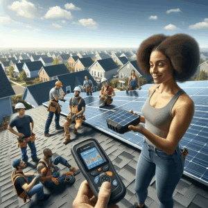 Envisage an image showcasing an exciting scene on the rooftop of a house, where several workers of diverse genders and descents including Caucasian, Hispanic, and Black, are diligently attending their tasks of installing and servicing solar panels. In the forefront, a woman, possibly of Middle Eastern descent, holds a device that monitors the output of the panels. Visible in the background are the rooftops of a calm suburban neighbourhood under a clear blue sky. The scene should emphasize the affordable yet vital nature of the service and the promising reward of efficient solar energy.
