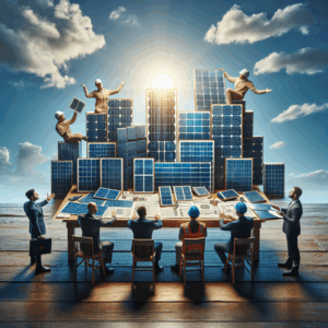 A still life scene depicting an assortment of solar panels of various sizes and shapes. They are placed on a rustic wooden table under a bright azure sky in the daylight. The table is also adorned with a composed stack of paper displaying discount coupons, exciting offers and the phrase 'Exclusive Deals'. The solar panels are being examined by two people: a Middle-Eastern man in a professional suit, and a Caucasian woman in a safety helmet and engineer's outfit, both displaying expressions of consideration and interest.