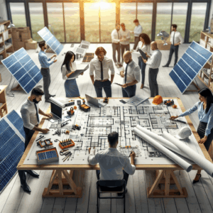 Imagine a scene where there's a busy solar energy system company office. Engineers of Hispanic and South Asian descent, both male and female, are discussing plans on their drafting tables. Blueprints and diagrams showcasing affordable solar solutions are spread across the tables. High-tech solar panels and various tools are strewn around the office, tangible symbols of innovative, eco-friendly solutions. The scene is well-lit with natural light, symbolic of the solar energy at the heart of their operations.