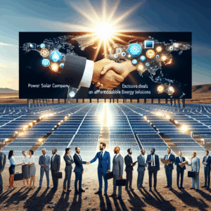 Picture a large, gleaming solar power plant covering a vast desert landscape. The sun rays fall on the numerous solar panels installed across the field, reflecting bright light at some points. The foreground includes a big billboard displaying 'Power Solar Company: Exclusive Deals on Affordable Energy Solutions' in bold letters. Business professionals of different descents (Caucasian, Hispanic, Black, Middle-Eastern, South Asian) and genders are shown shaking hands, signifying a deal agreement. An aura of energy conservation, affordability and environmental friendliness surrounds the scene.