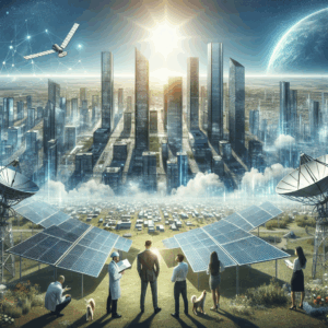 An image representing solar energy services. Picture a landscape with a futuristic city under a crystal clear sky. The city is filled with skyscrapers which are entirely powered by the sun. Solar panels are integrated into the architecture of the buildings, absorbing the sunlight casting down from above. Satellite dishes on rooftops are also fitted with solar cells, depicting a sustainable solution. In the foreground, a diverse group of people, including a Caucasian female engineer, a Hispanic male architect, and a Black female scientist are discussing solar energy solutions, signifying affordability and accessibility.