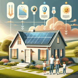 Visualize a scene of a small suburban house with a solar panel array installed on its roof. The sun is in the sky filling the landscape with soft warm light. The home is painted in a pastel color and surrounded by a beautifully maintained garden. An infographic is displayed beside the house that depicts the benefits of using solar energy, such as reduced electricity bills and positive environmental impact. The infographic contains symbols like a smiling Earth, a downward arrow linked to a dollar sign, and a plug connected to the sun to represent solar power. Let's also have a family of four (a Caucasian father, a Middle-Eastern mother, a Black son, and a Hispanic daughter) looking at the house with smiles on their faces, representative of their satisfaction with this sustainable energy solution.