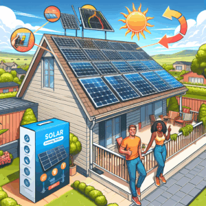 Depict a bright sunny day with a view of a suburban household rooftop. The roof is adorned with multiple new-looking solar panels catching radiant sunlight. The view also includes a closeup of a solar panel kit box, brightly colored and attractive, highlighting the words 'Affordable Energy Solution'. In the yard, there's a Caucasian man and Black woman, both in casual attire, looking excitedly at the panels and displaying a thumbs up. Nearby, a diagrammatic banner floats in the air showing the sun's rays converting into usable energy through the panels.