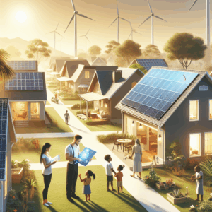 Visualize a serene suburban neighborhood where each detached house is equipped with rooftop solar panels. The sun is shining brightly in a clear sky, casting a warm glow on the buildings. A Caucasian family is examining one of the solar panels while a South Asian technician explains its workings. Nearby, a group of Hispanic children are playing in a yard, and you can see a Black woman watering plants in her garden. The image conveys a sustainable, clean energy lifestyle, emphasizing community, affordability, and accessibility.