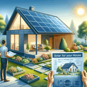 An illustration showcasing a modern house with solar panels installed on the roof under a clear, sun-drenched day. Around the house are blooming garden plants, suggesting a serene and sustainable residential environment. The solar panels gleam with a metallic luster under the sunlight. Nearby, a Caucasian male homeowner is observing the solar panels with satisfaction, holding a blueprint containing the house plan and solar panel specifications. In the foreground, an informational sign with the text 'Solar for Your House: Must-Have Affordable Energy Solution', indicating the topic of solar energy efficiency at home.