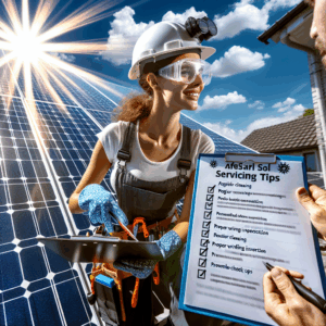 A detailed scene of a Caucasian female solar technician equipped with a helmet, safety glasses, and necessary tools, working meticulously on a rooftop solar panel on a bright sunny day. A South Asian male homeowner discusses the maintenance process with her. A clipboard in the woman's hand reveals a checklist titled 'Affordable Solar Servicing Tips', containing things like 'Regular Cleaning', 'Proper Wiring Inspection', and 'Preventive Check-ups'. The brilliant light rays of the sun glare off the solar panel, illuminating the entire frame and emphasizing the importance of solar energy.
