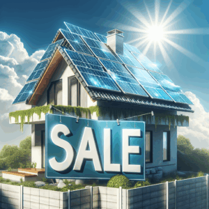 A tantalizing visual of a sunny day, clear blue sky, and a home's rooftop fitted with gleaming solar panels. The solar panels are capturing the intense sunlight, hinting at an efficient energy source. A big, eco-friendly sale sign is bannered across the foreground, accentuating the affordability and exclusivity of the solar panels. There is a hint of sustainable living and conscious energy consumption in the image, resonating with the eco-friendly essence of solar power. It conveys the idea that alternative energy sources are becoming more accessible and budget-friendly for all households.