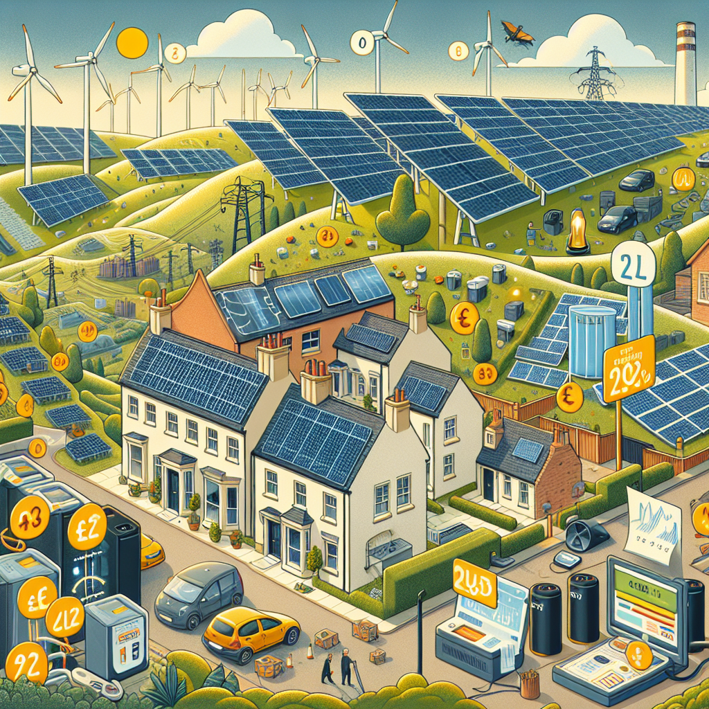 Illustration of a sustainable UK neighborhood with solar panels, wind turbines, and electric vehicles amid the energy crisis.