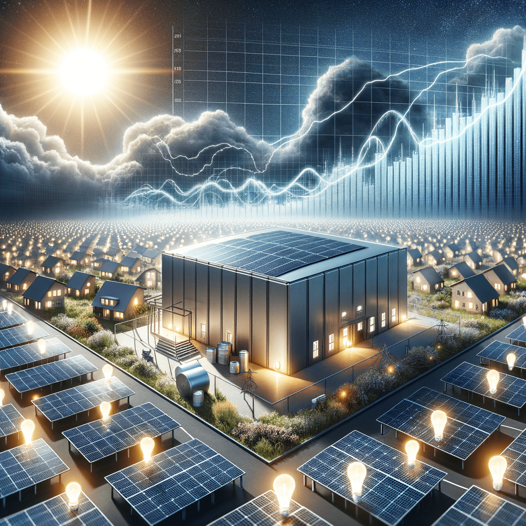 Solar farm with advanced technology and data analytics visualizing UK electricity cost forecast amid energy crisis.