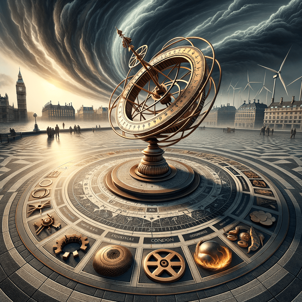 Surreal steampunk sundial with zodiac signs overlays stormy London skyline with Big Ben and wind turbines, symbolizing UK ene