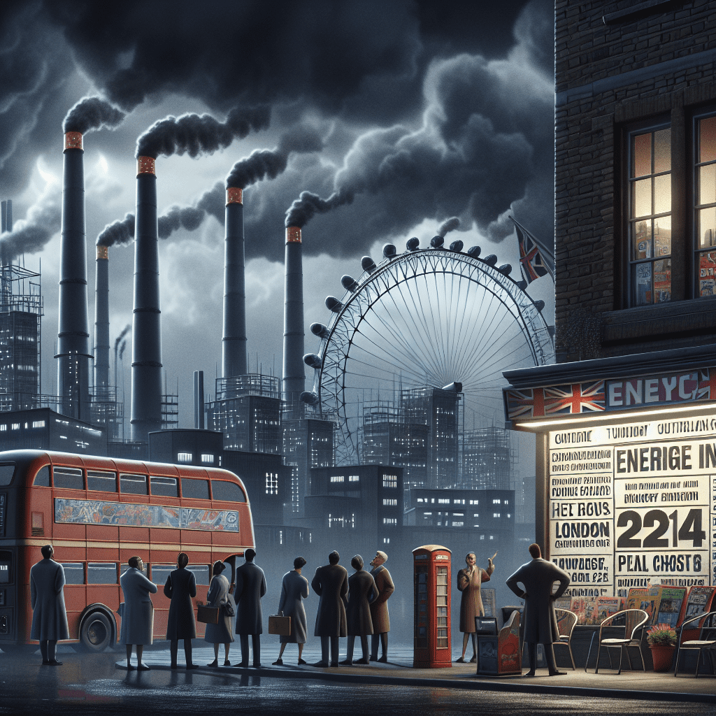 Industrial London skyline with pollution, red double-decker bus, and London Eye at dusk, symbolizing UK energy crisis.