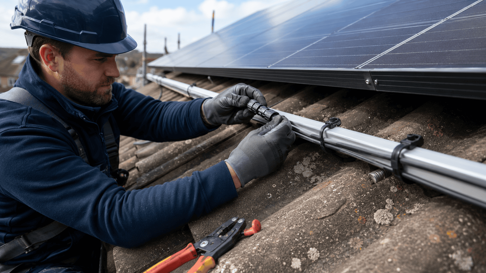 Mr Solar engineers installing solar panels on a tiled roof