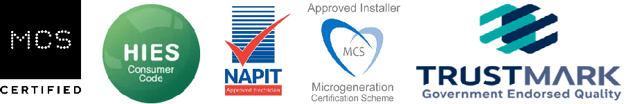 Mr Solar accreditations: MCS Certified, HIES Consumer Code, NAPIT Approved Electrician, MCS Approved Installer and TrustMark